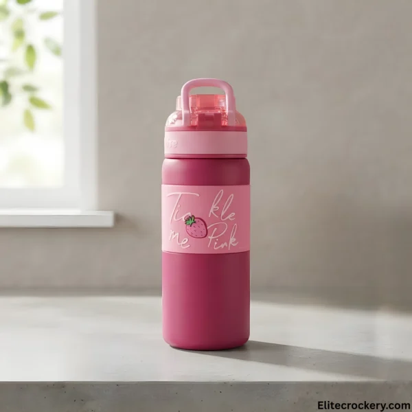 Dark pink sipper bottle with strawberry graphic