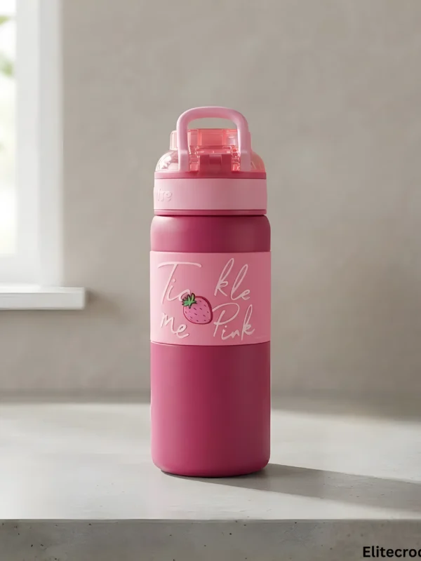 Strawberry Sipper Dark pink sipper bottle with strawberry graphic