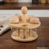Kitchen Spice Organizer Wooden Spice Jar Set displayed on kitchen counter with cloth background