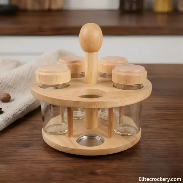 Kitchen Spice Organizer Wooden Spice Jar Set displayed on kitchen counter with cloth background