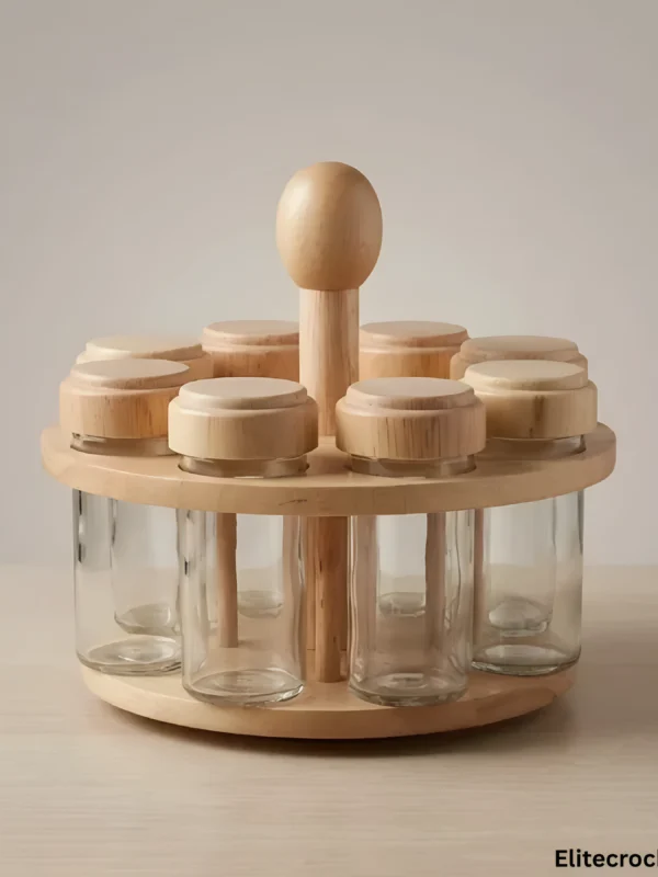 Complete Wooden Spice Jar Set with clear glass jars and wooden lids