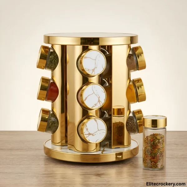 Filled glass jars inside golden rotating spice rack