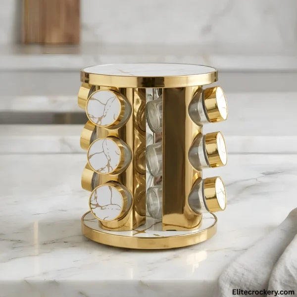 Luxury gold and marble spice rack on kitchen counter