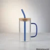 Glass mug with bamboo lid in kitchen