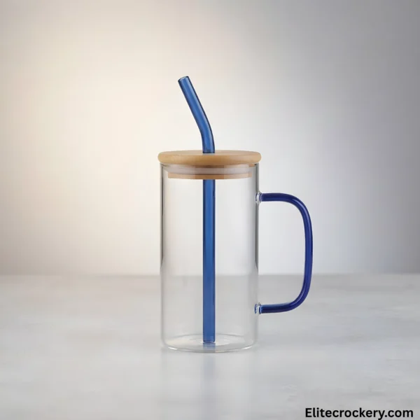 Glass mug with bamboo lid in kitchen