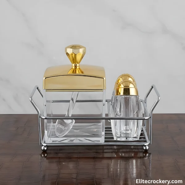 Crystal Salt and Pepper Shaker Set with condiment jar on wooden table