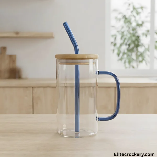 Glass mug with bamboo lid and blue straw