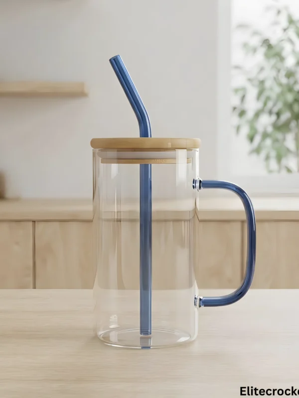 Glass mug with bamboo lid and blue straw