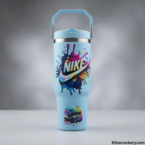 Light blue kids tumbler with colorful Nike graphic