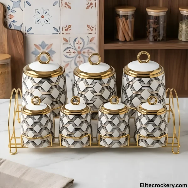 Luxury spice canister set displayed in a modern kitchen