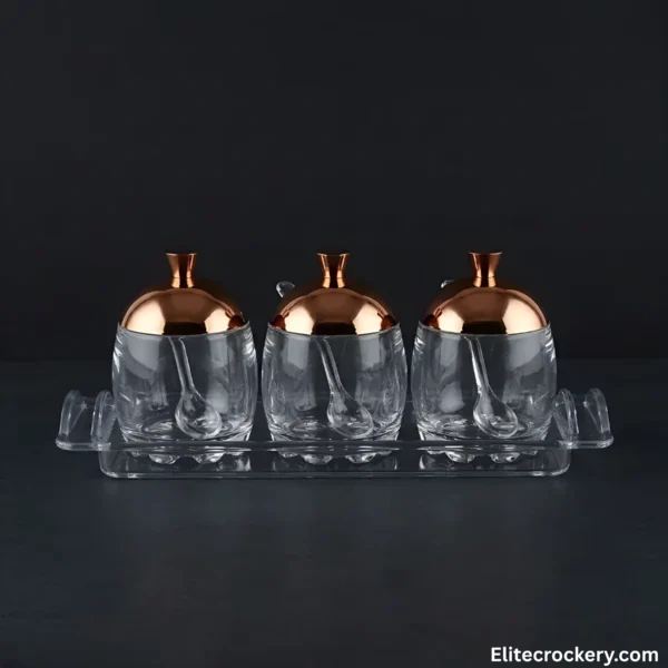 Glass Jar Set with Tray featuring rose gold lids on dark background