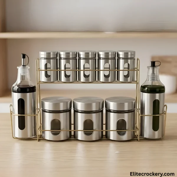 Stainless Steel Spice Rack Set Stainless steel spice rack set on wooden table