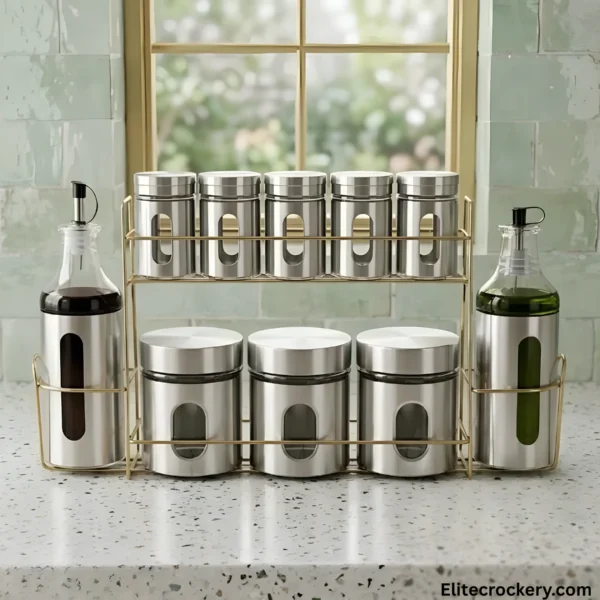 Kitchen Spice And Oil Set Stainless steel spice rack set near kitchen window