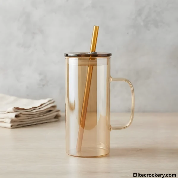 Side view of amber glass mug with straw