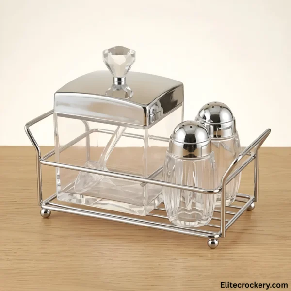 Luxury Crystal Salt and Pepper Shaker Set with silver accents on wood table