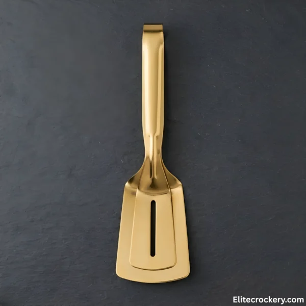 Gold premium serving tongs on dark background