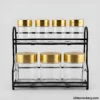 Empty Spice Rack Set with Glass Jars on white background