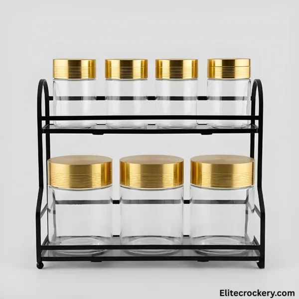 Empty Spice Rack Set with Glass Jars on white background