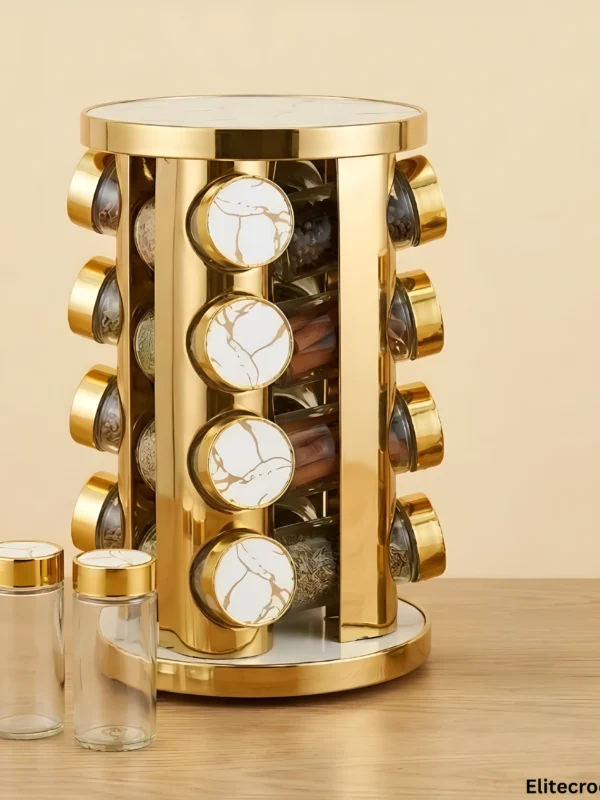Golden Spice Rack Front View Golden rotating spice rack with glass jars on wooden table