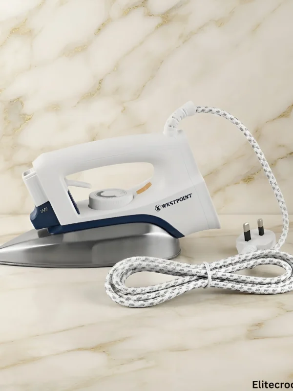 Westpoint Dry Iron WF-2431 Full View Westpoint Dry Iron WF-2431 with power cord on marble counter