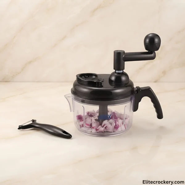 Manual Hand Chopper Onion Prep Manual Hand Chopper filled with chopped onions and peeler