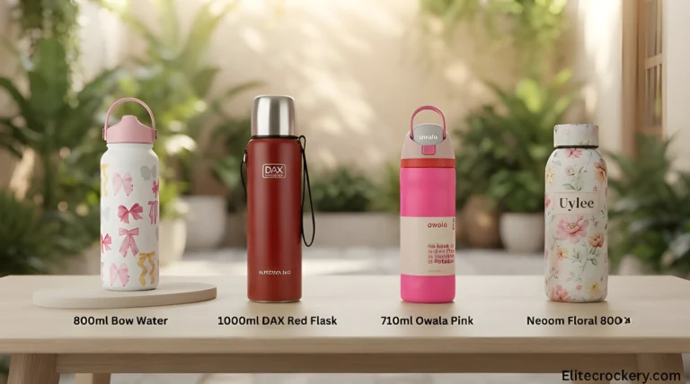 Ultimate Guide to Choosing the Best Water Bottle in Pakistan (2026 Edition) 1 A lineup of popular insulated water bottles, including the 800ml Bow Water Bottle, 1000ml DAX Red Flask, 710ml Owala Pink, and Neoom Floral 800ml bottle on a wooden table.