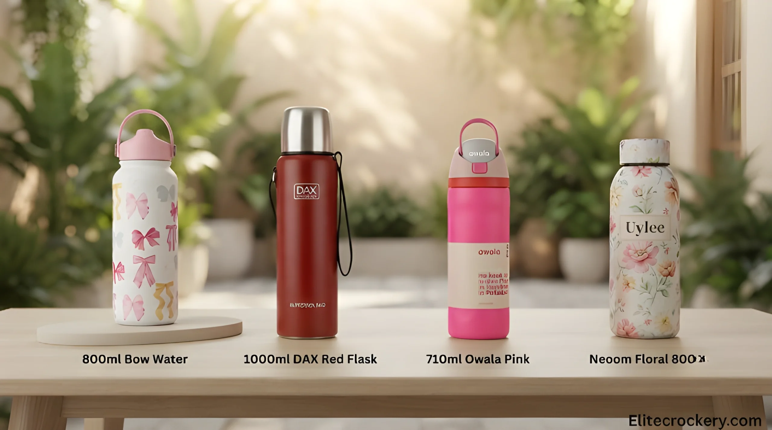 A lineup of popular insulated water bottles, including the 800ml Bow Water Bottle, 1000ml DAX Red Flask, 710ml Owala Pink, and Neoom Floral 800ml bottle on a wooden table.