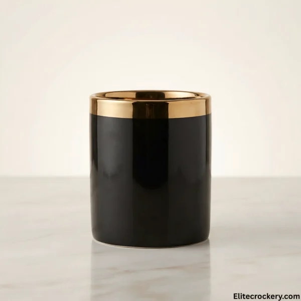 Luxury black ceramic coffee mug front profile with gold trim