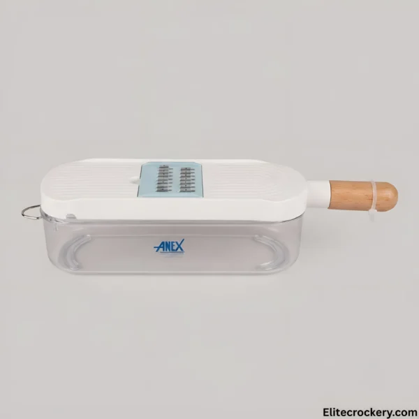 Anex Vegetable Slicer assembled with clear container and wooden handle