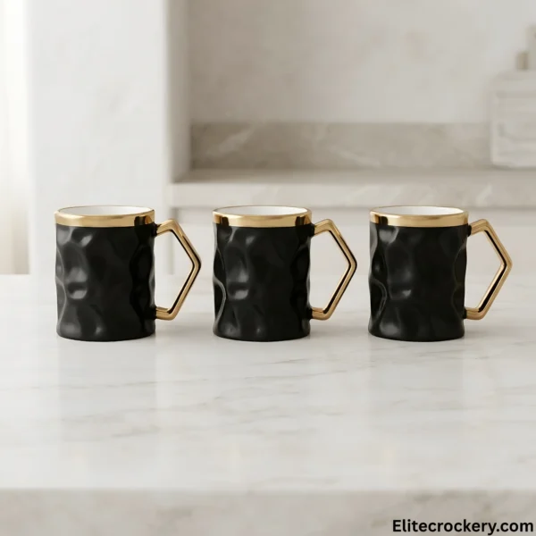 Luxury Black Ceramic Mug set of three with gold handles