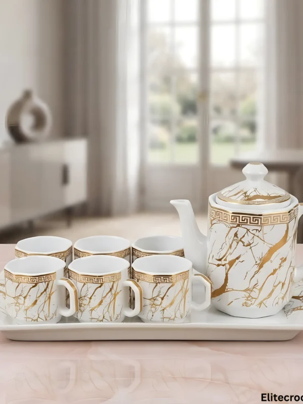 Complete 8 piece tea set with tray teapot and 6 cups