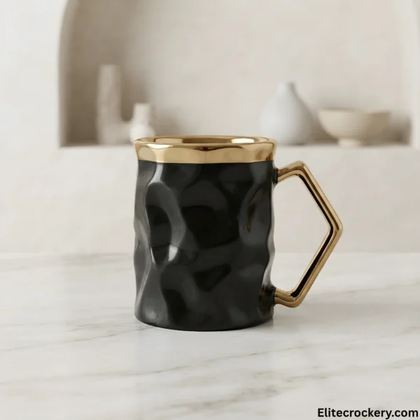 Single luxury black ceramic mug with geometric gold handle