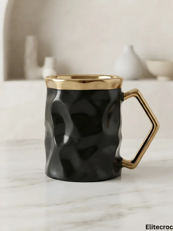 Single luxury black ceramic mug with geometric gold handle