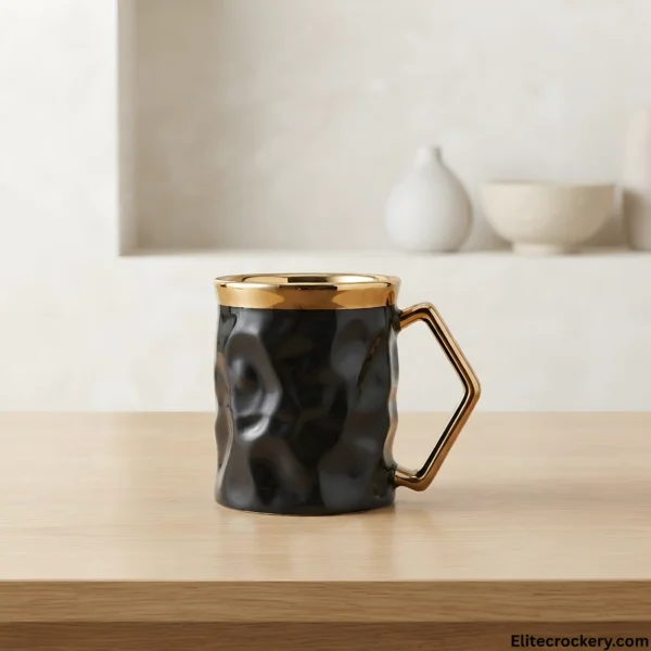 Luxury black ceramic mug on light wood table