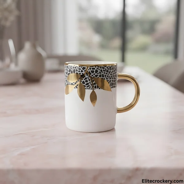 Single luxury coffee cup with gold handle and geometric motif