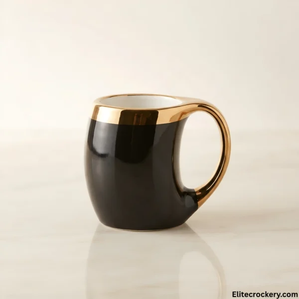 Luxury black ceramic mug with ergonomic gold handle and gold rim