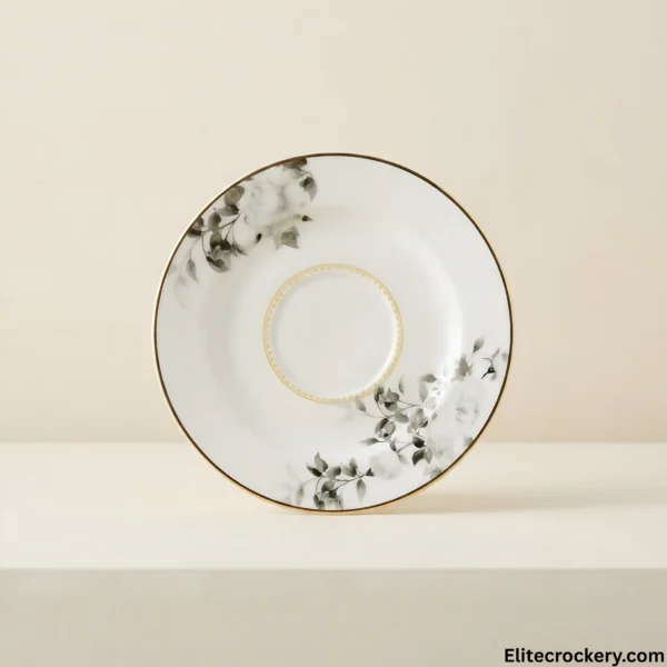 Luxury white and black floral ceramic saucer with gold rim Luxury white and black floral ceramic saucer with gold rim
