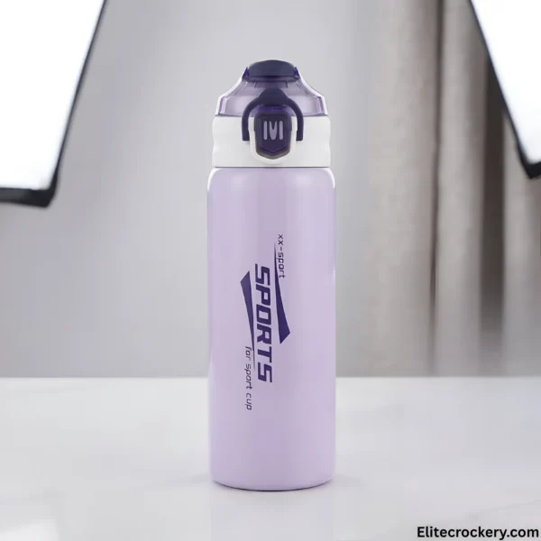 Purple stainless steel sports water bottle front view with secure lock cap