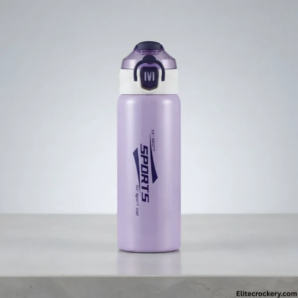 Vertical shot of a purple stainless steel sports water bottle on a clean surface