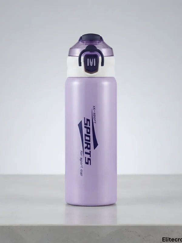 Vertical shot of a purple stainless steel sports water bottle on a clean surface