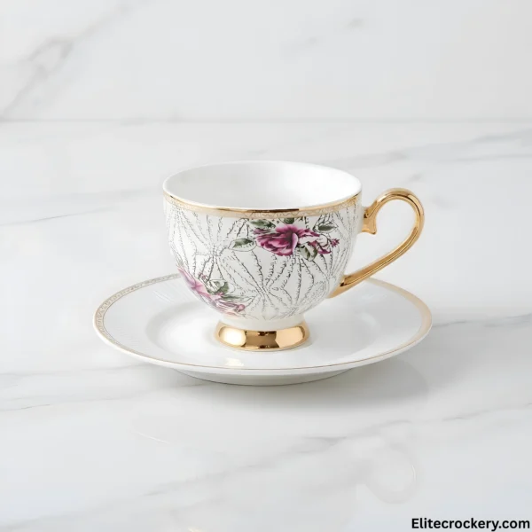 Pink floral tea cup and saucer set with gold handle in Pakistan
