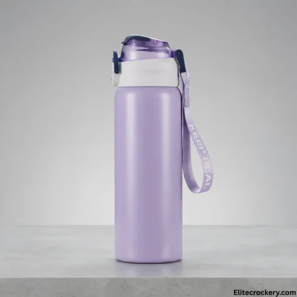 Purple stainless steel sports water bottle showcasing the carry strap