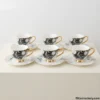 6-Piece Ceramic Tea Set Complete set of 6 black and white floral tea cups and saucers