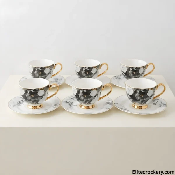 6-Piece Ceramic Tea Set Complete set of 6 black and white floral tea cups and saucers