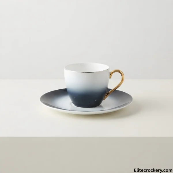 Tea Cup and Saucer Set Complete tea cup and saucer set with gold trim on a clean surface