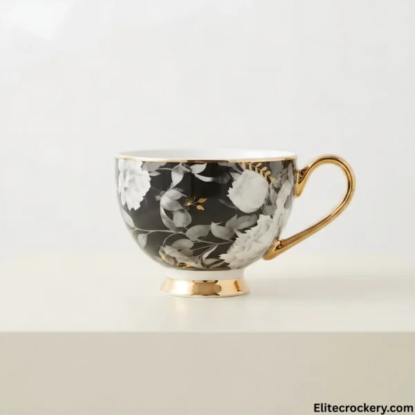 Luxury Ceramic Tea Cup Close-up of black floral ceramic tea cup with gold trim