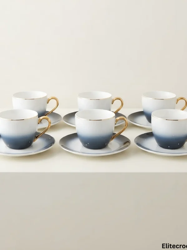 Tea Cup Set Collection Full collection of six luxury tea cups and saucers arranged together