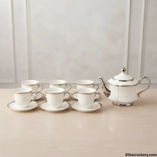 White and silver tea set full display on table
